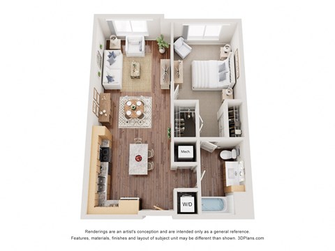 Floor plan for 1 bed, 1 bath, 743 sqft